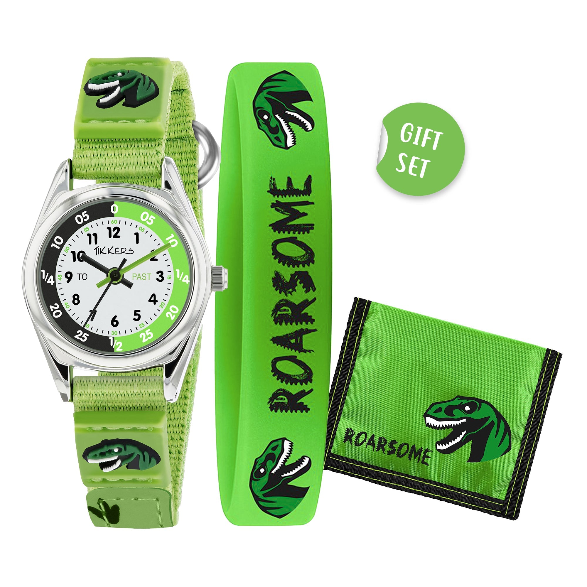 TIKKERS Green Dinosaur Watch & Bracelet Wallet Set