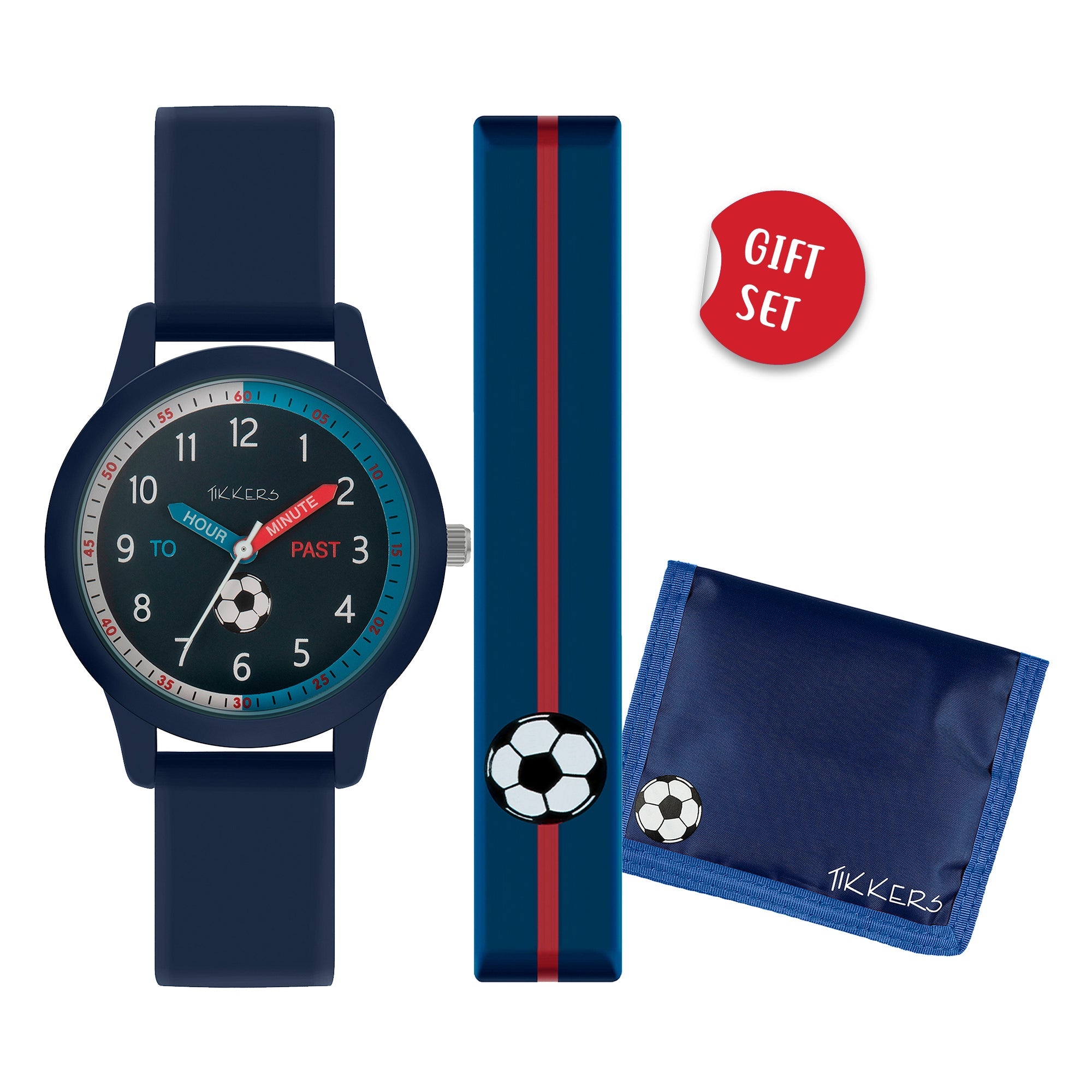Tikkers Blue Soccer Watch & Silicone Bracelet Wallet Gift Set