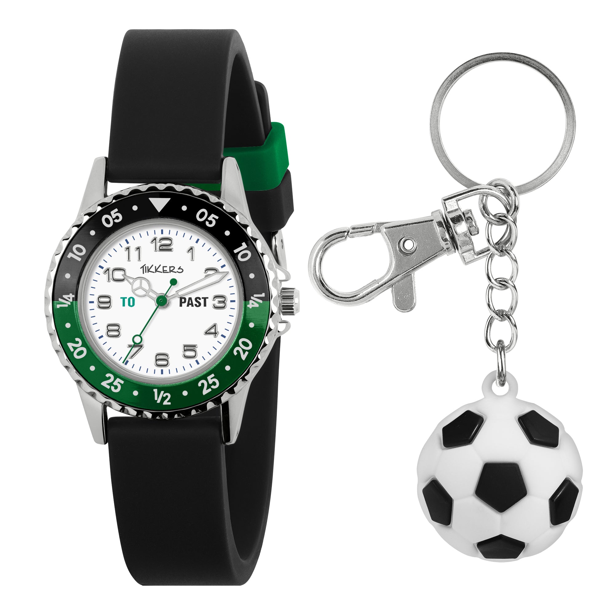 Tikkers Black/Green Dial Black Silicone Strap + Keychain