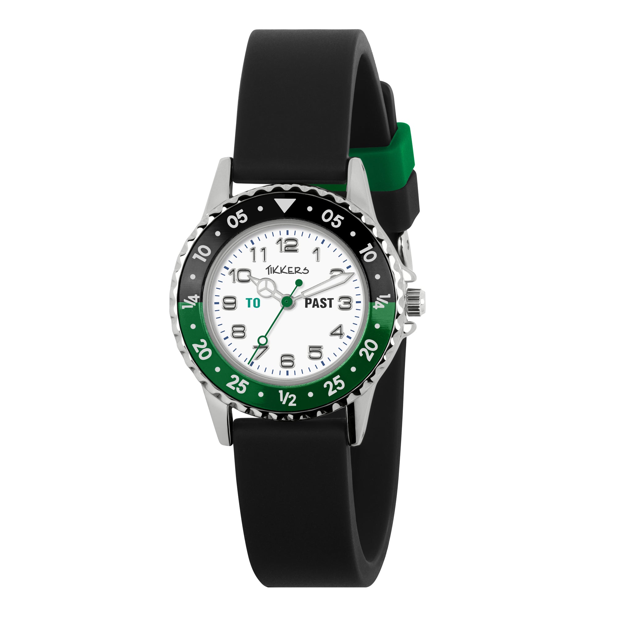 Tikkers Black/Green Dial Black Silicone Strap Watch