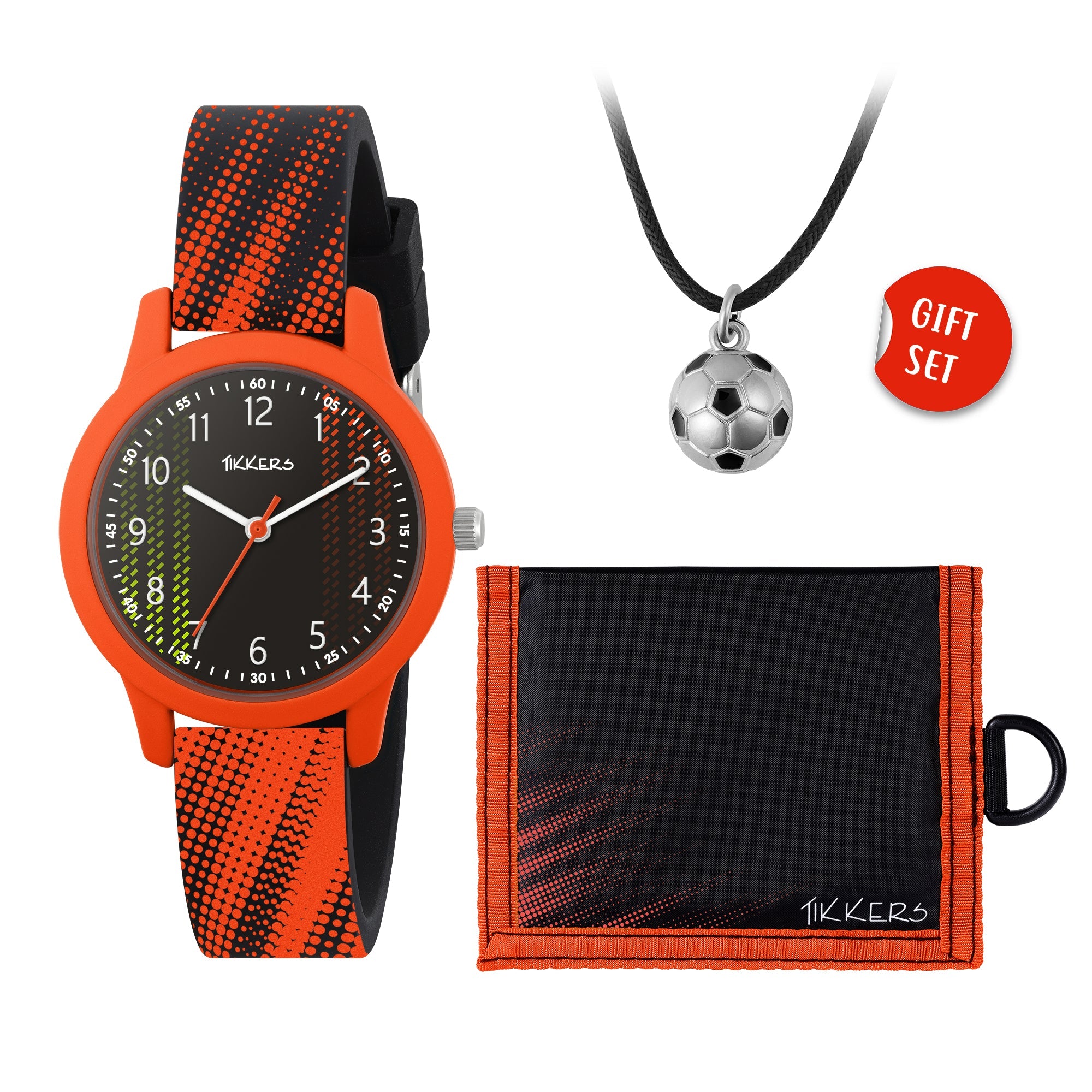 TIKKERS Black Orange Football Watch & Necklace Wallet Gift Set