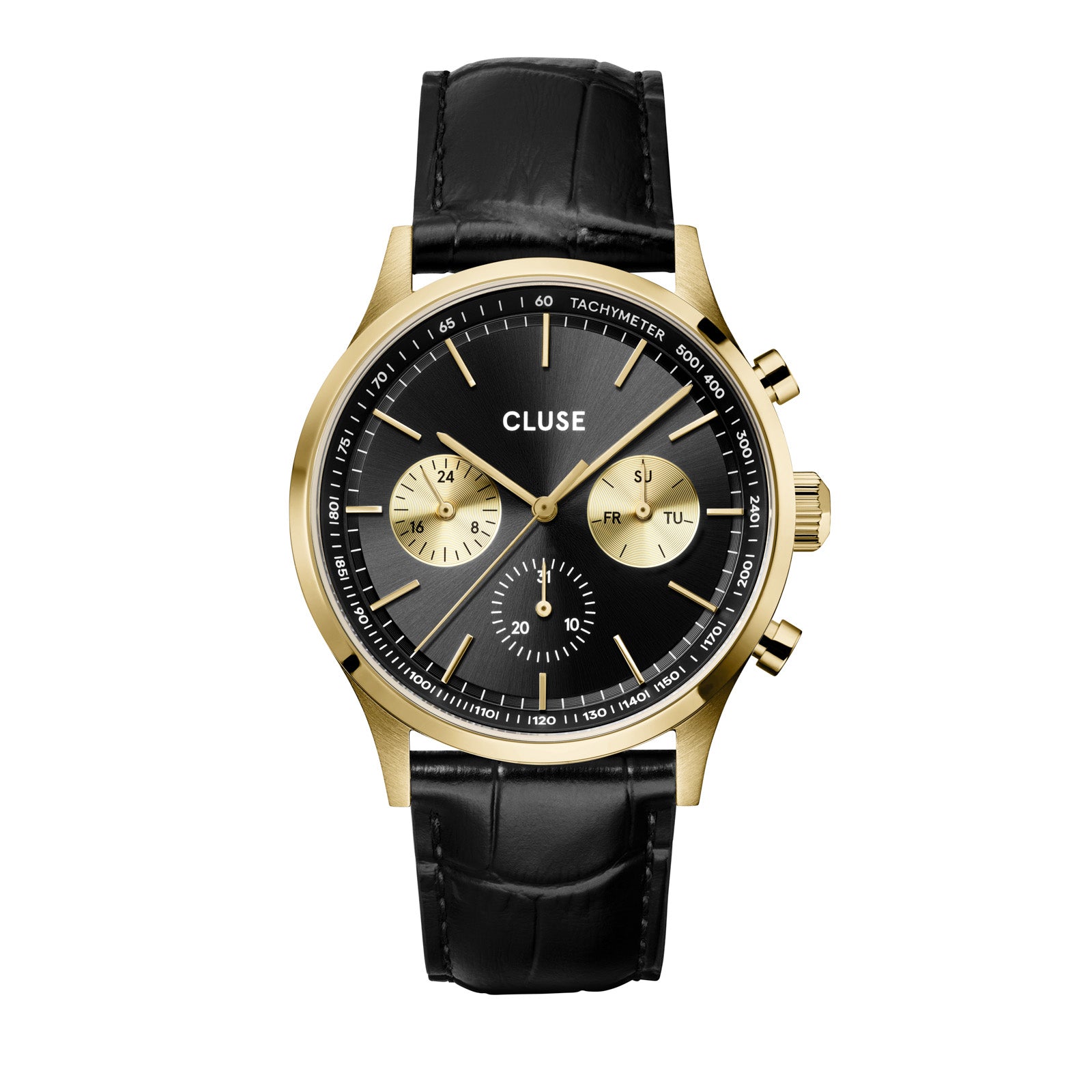 CLUSE Antheor Multifunction Black Gold/Black Croc Leather Watch