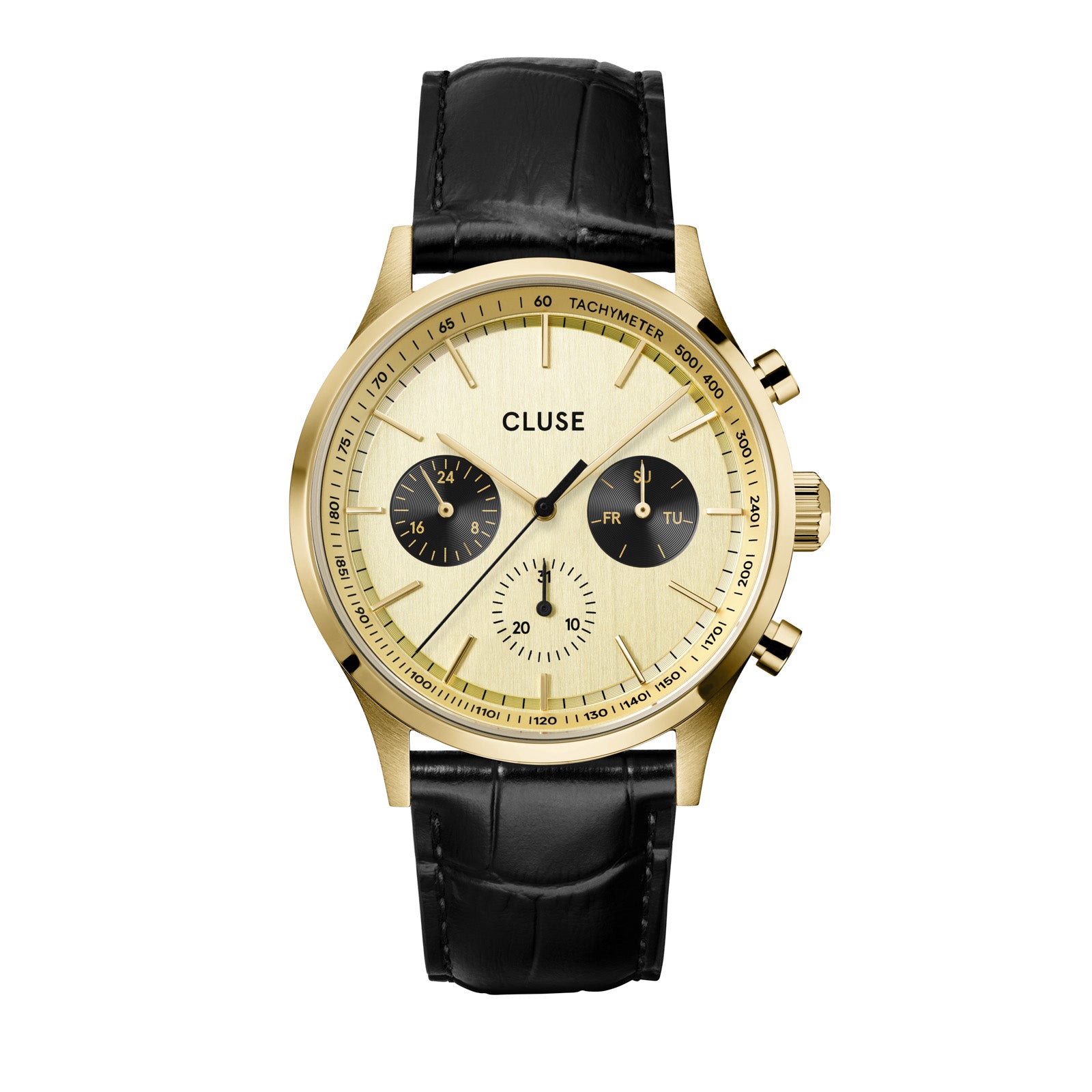 CLUSE Antheor Multifunction Gold/Black Croc Leather Watch