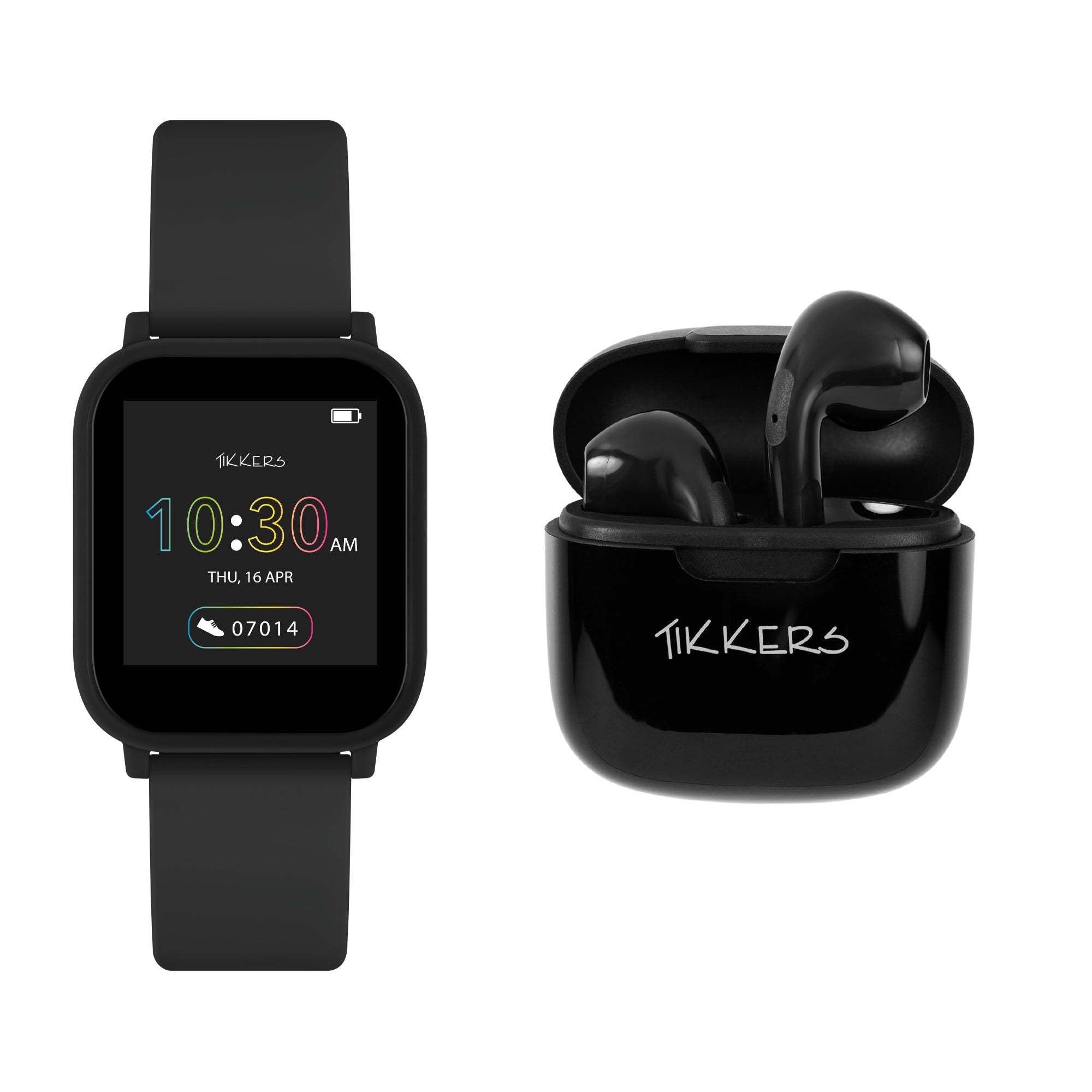 Tikkers Black Smart Watch & Wireless Earbuds Set