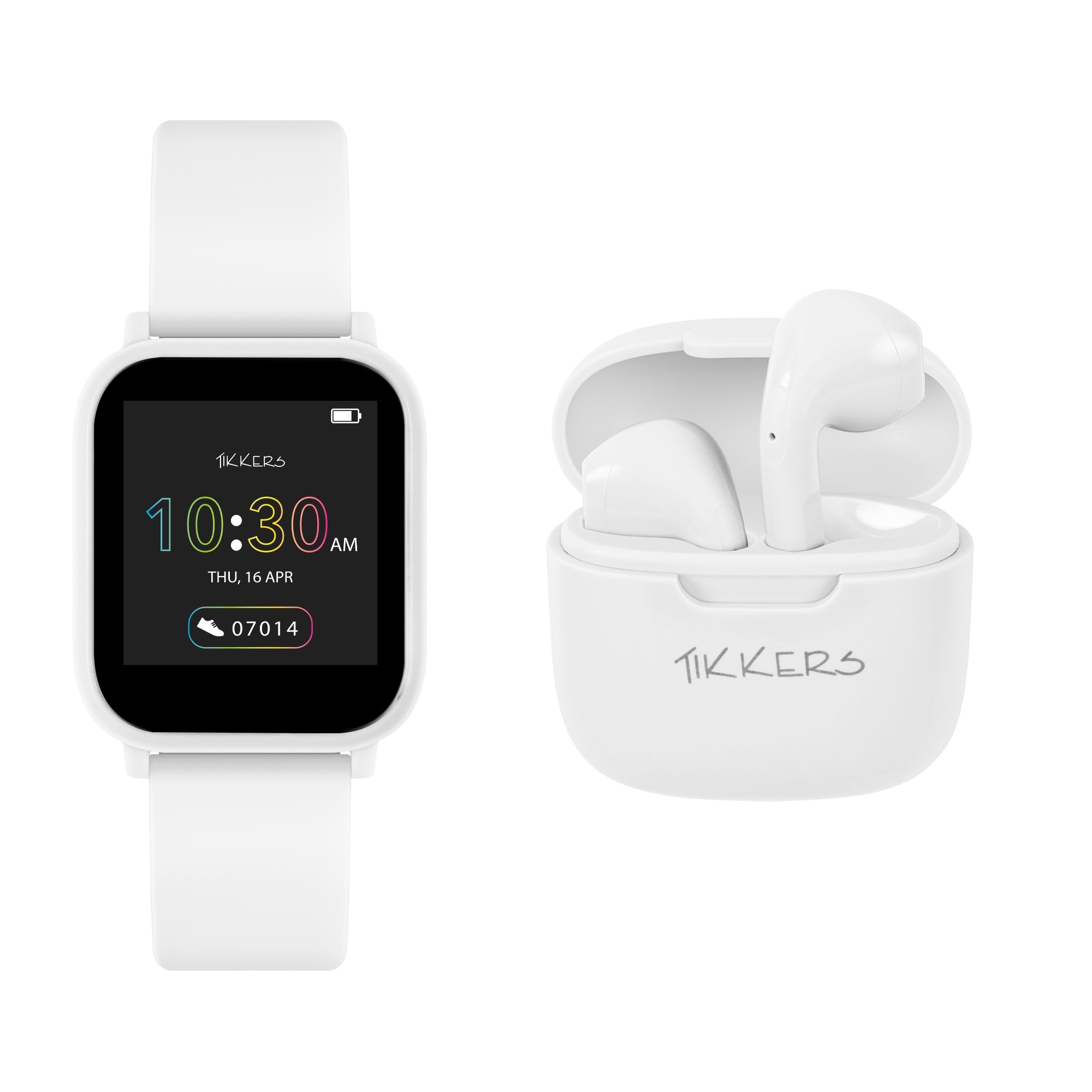 Tikkers White Smart Watch & Wireless Earbuds Set
